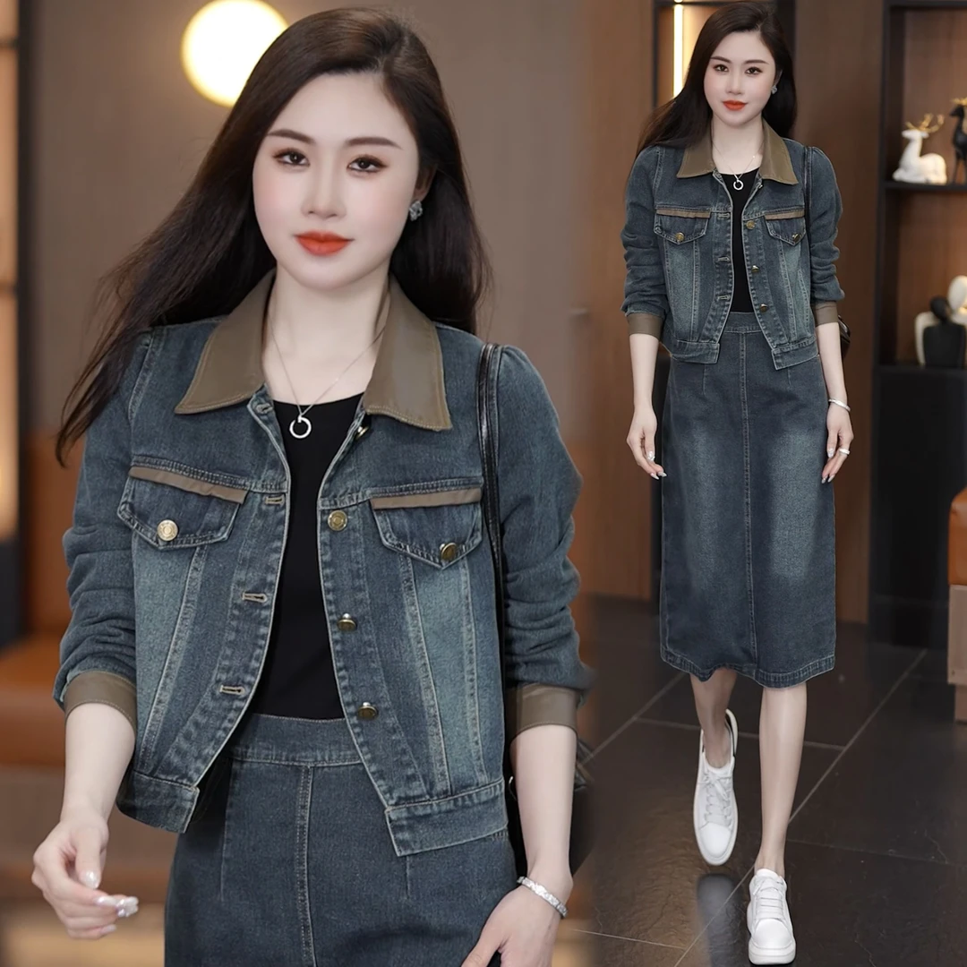 05春秋新款时尚洋气套装女休闲显瘦小个子牛仔外套连衣裙两件套装