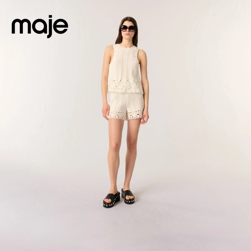 暖系穿搭|Maje2025秋冬新款女装白色编织镂空花边短裤MFPSH00660
