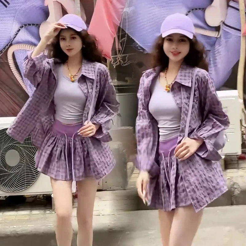 春季一整套必穿搭休闲紫色格纹衬衫短裙女装2025新款小个子套装裙
