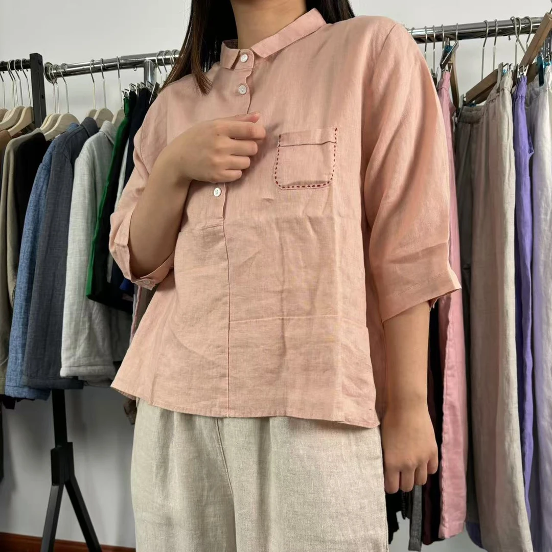 手工夏季翻领女士麻短袖T恤