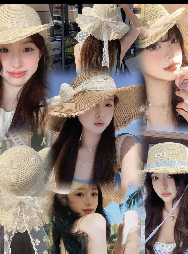 度假帽子【合集】韩版夏季法式无顶草帽草编极简风蕾丝出片打卡神器