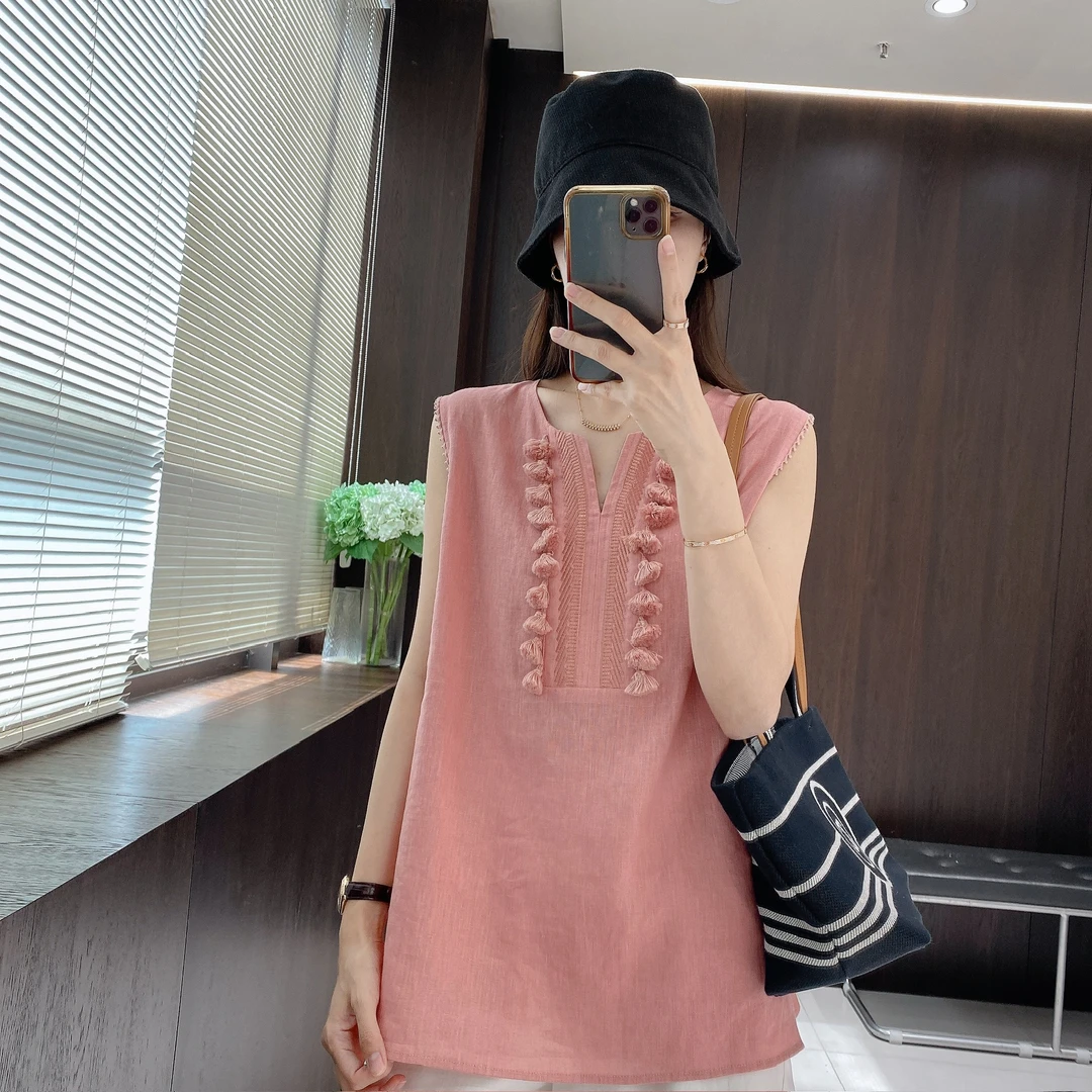 IMFLY金小金自制女装 亚麻小衫DYW9505夏日高级感流苏V领无袖上衣