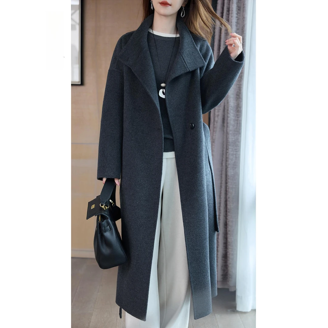 高端轻熟风羊毛呢大衣中长款秋冬新款双面绒外套手工缝制韩版女装