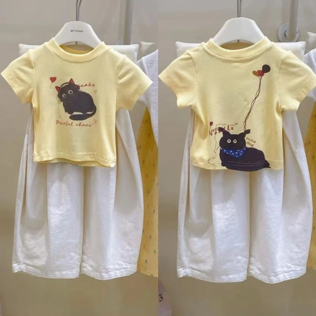 耳机猫短袖T恤套装女童2025夏季新品儿童洋气时髦宝宝休闲萝卜裤