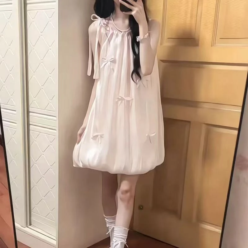 日系软妹奶fufu甜美可爱蝴蝶结粉色连衣裙女生夏季宽松遮肉花苞裙