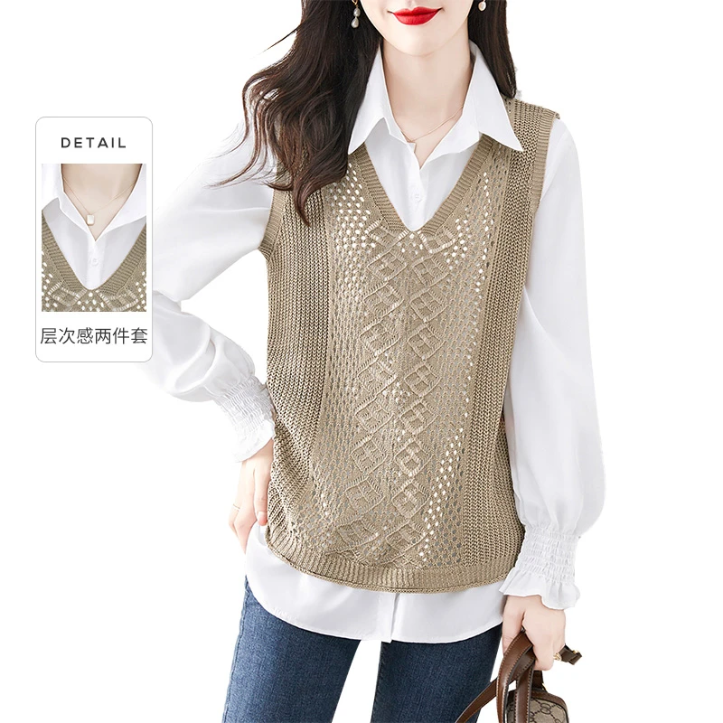 丝柏舍2025夏季流光风女衬衫搭镂空马夹休闲两件套S13Z0050NA