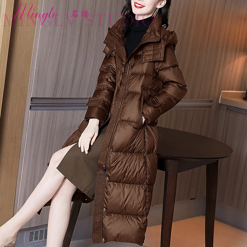 冬季时尚洋气炸街中长款收腰修身加厚轻奢连帽高品质羽绒服外套女