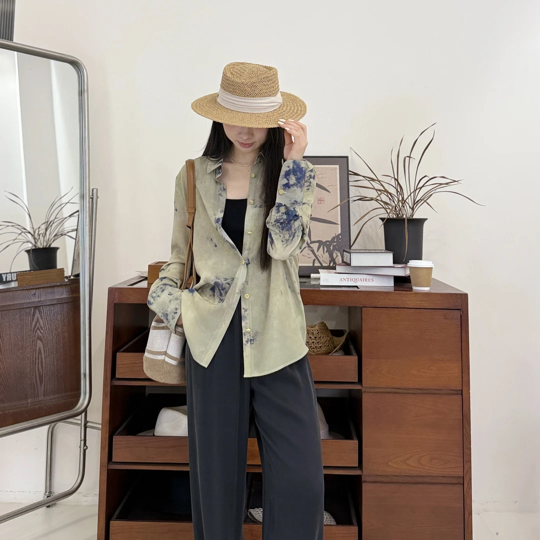 euri梦笔生烟丨100桑蚕丝03双绉晕染印花新中式宽松衬衫-MY6063