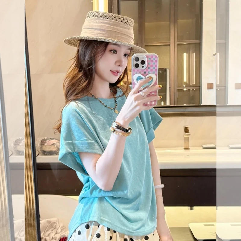 多巴胺湖蓝色短袖t恤女2025新款爆款夏季独特超好看显瘦正肩上衣