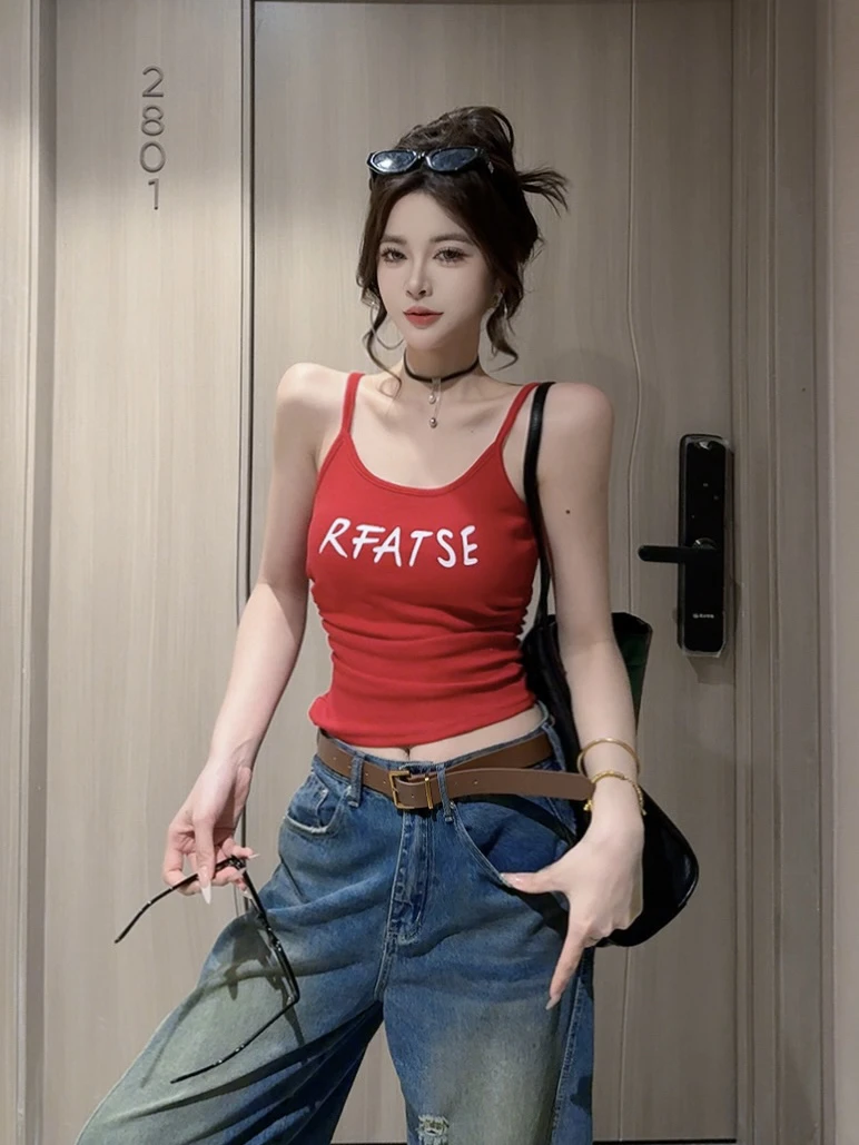 【CCDZ】夏季新品时尚百搭显瘦辣妹字母印花侧打邹短款胸垫背心女