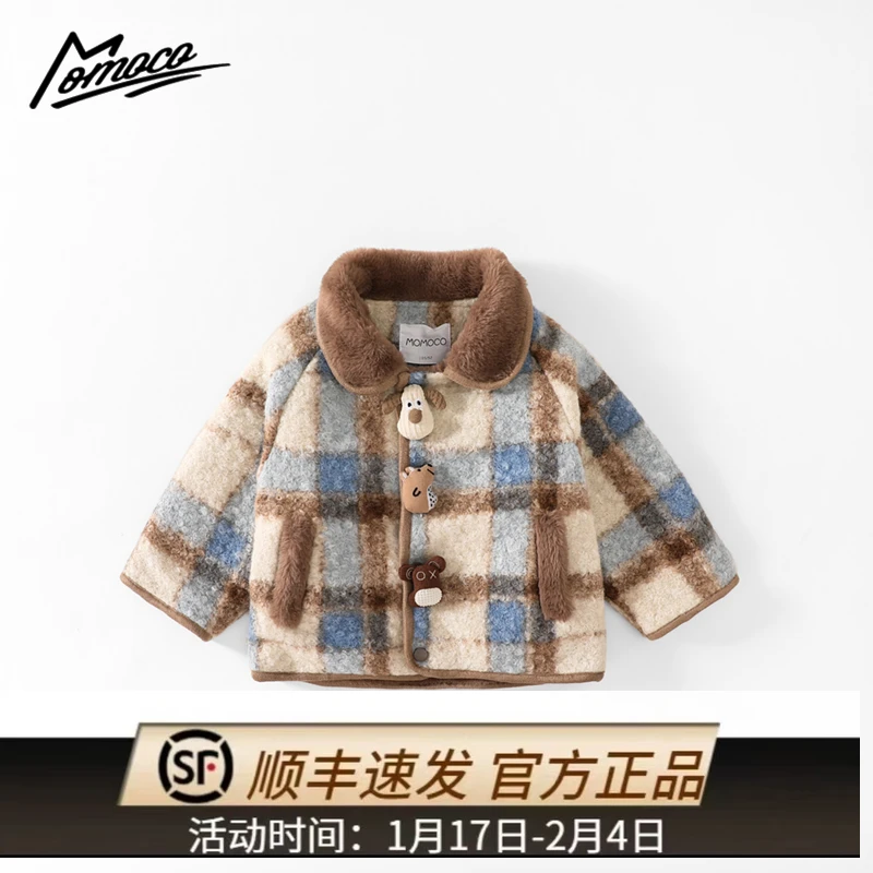 MOMOCO冬季新款男童格子可爱卡通小狗毛领外套75480126001