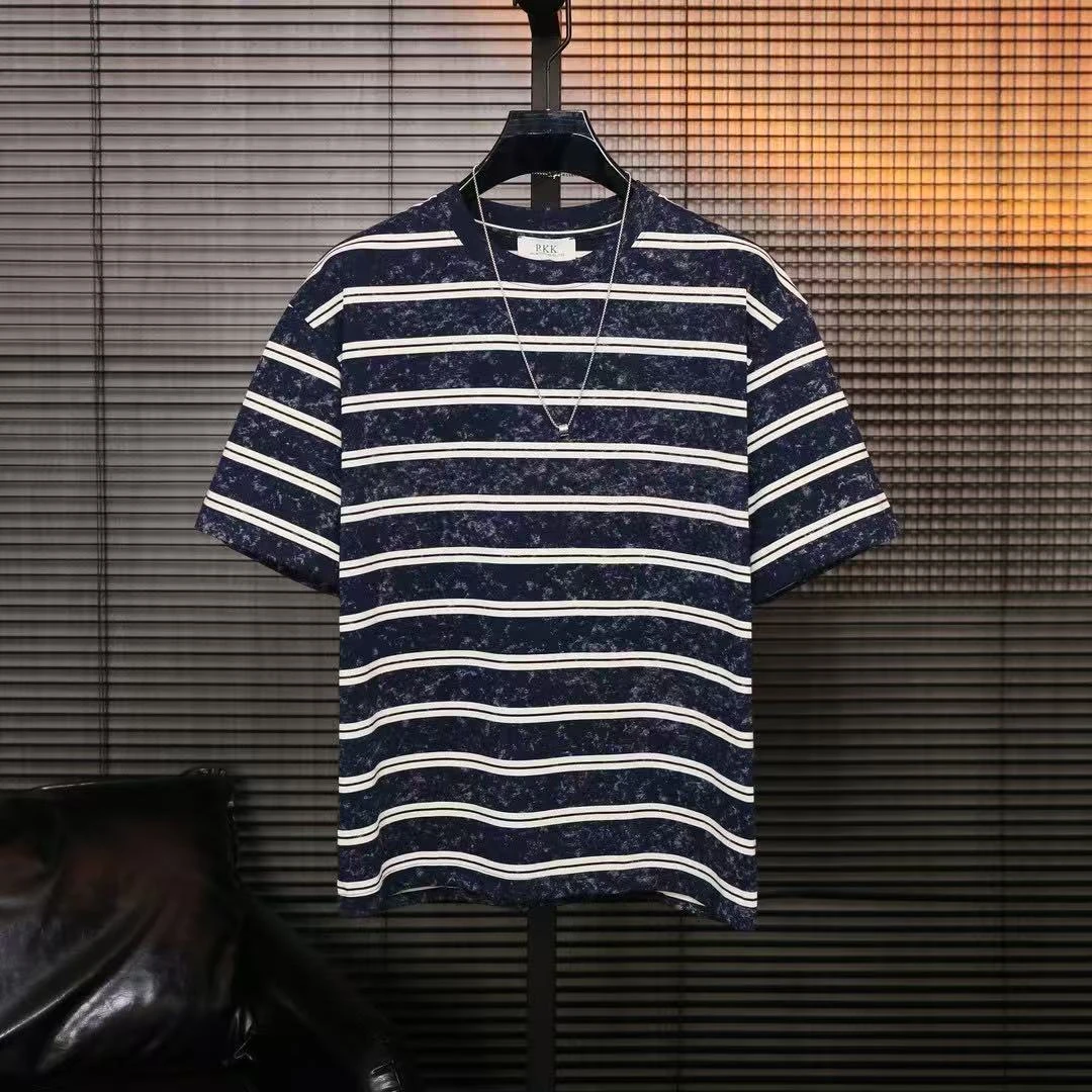 原创设计夏季休闲百搭半袖上衣个性条纹短袖扎染复古短袖男士T恤