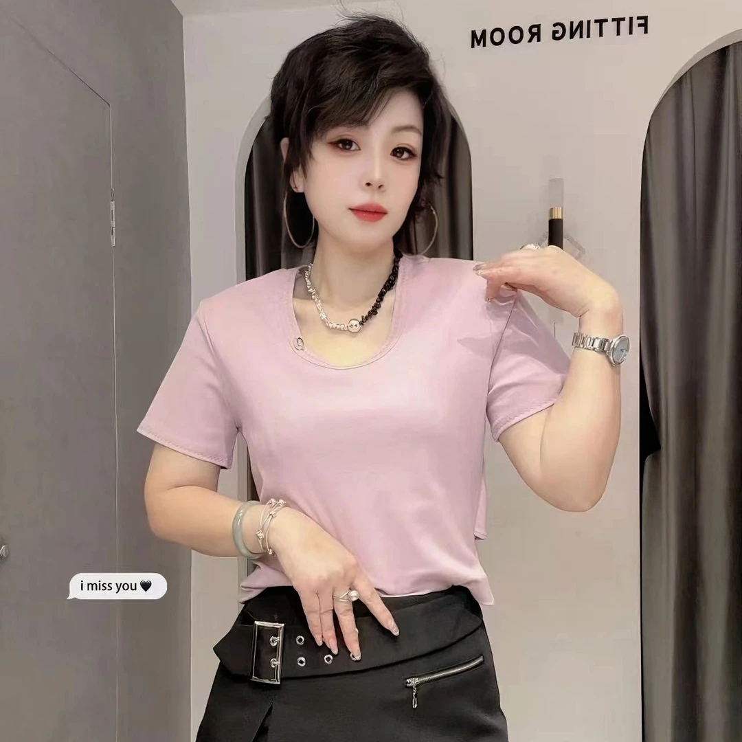 【依尚精选】欧货休闲风宽松型短袖T恤棉t恤女打底时尚气质百搭纯色