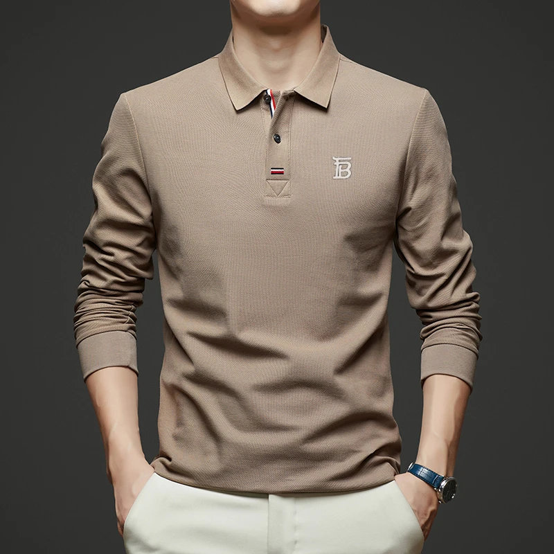 2025年英伦春季新款男士长袖T恤潮流时尚休闲纯棉纯色翻领POLO衫