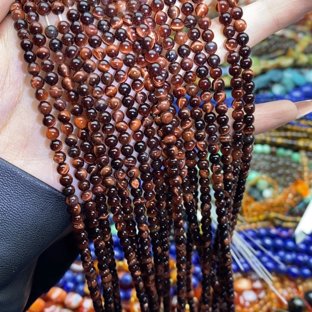 玛瑙/玉髓合金珠宝半成品一条纯天然红虎石圆珠4mm微瑕