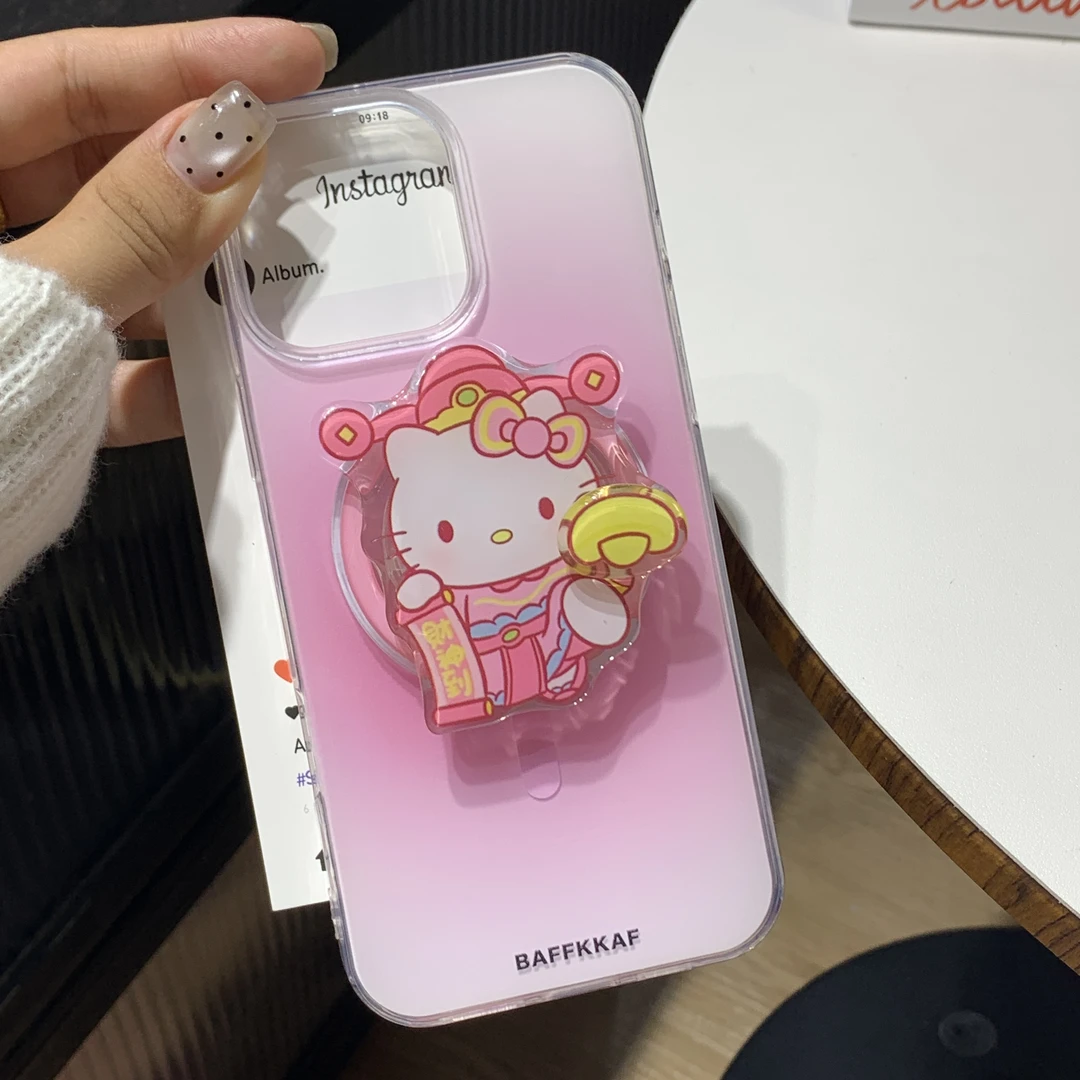粉色晕染招财kitty财神旋转磁吸支架适用苹果华为小米/oppo手机壳