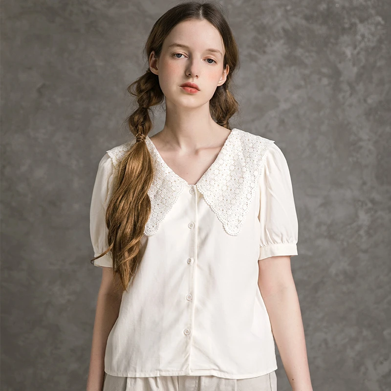 商场同款Famecoco范可儿甜美减龄灯笼袖衬衫V领短袖上衣F213BH108