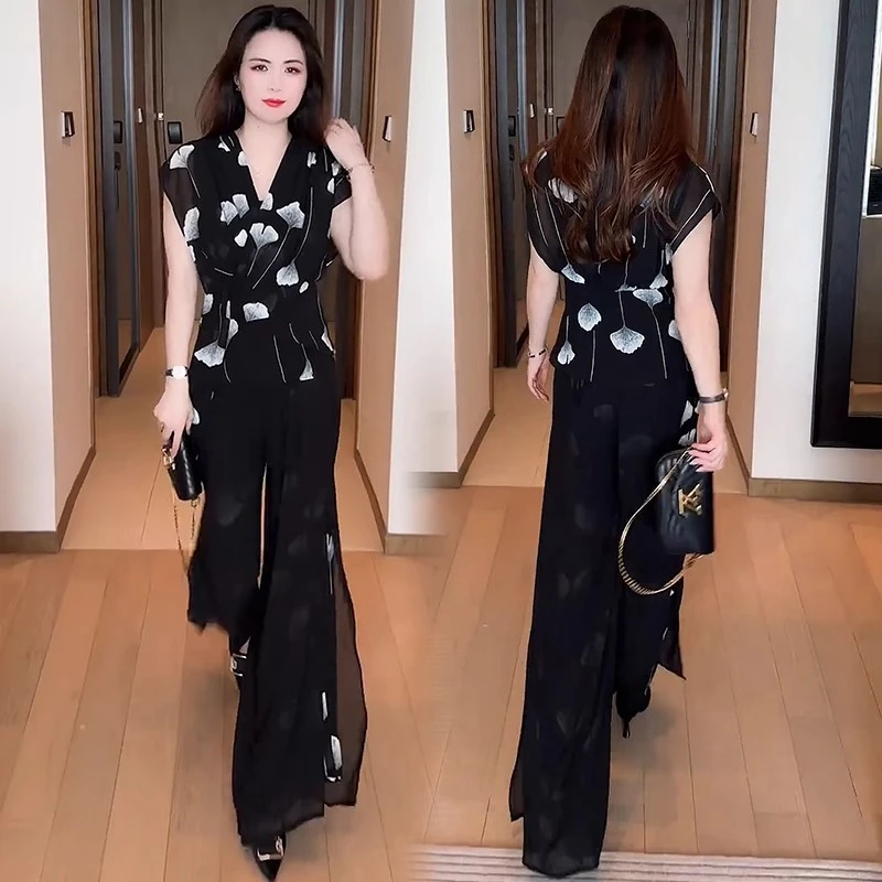 时尚雪纺套装女2025夏季新款洋气显瘦短袖阔腿裤气质减龄两件套潮