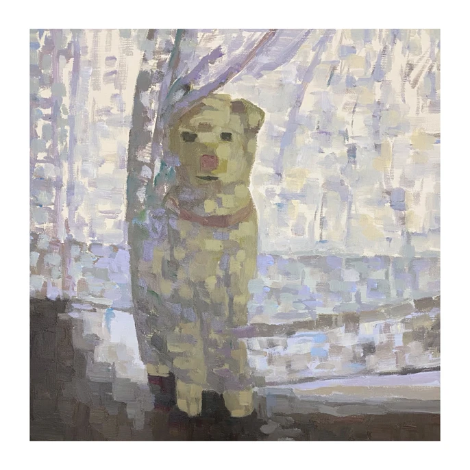 《躲猫猫的小狗》原创手绘油画风景作品适合客厅沙发背景墙装饰