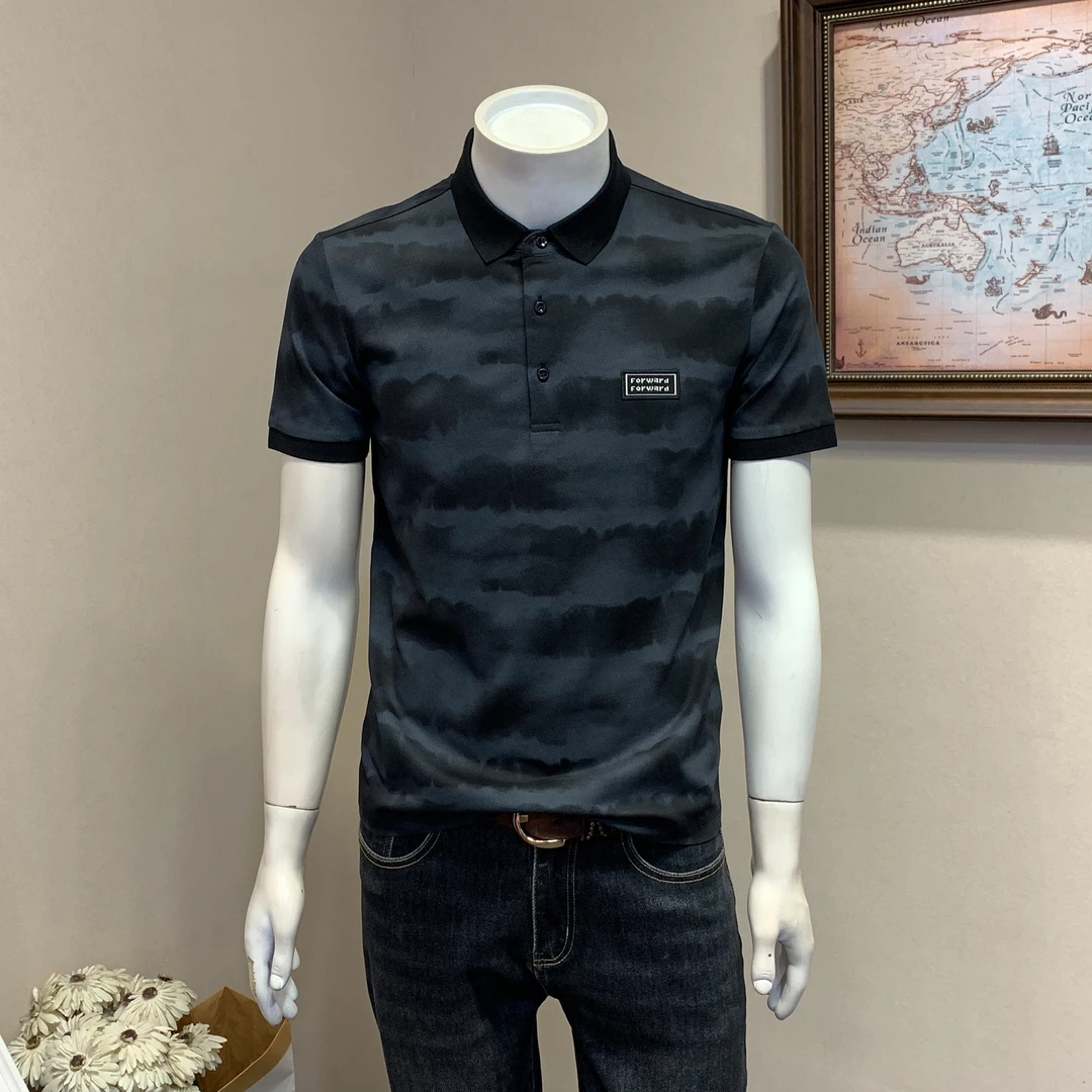2025潮流渐变复古短袖POLO衫男士夏季新款修身翻领半袖体恤上衣t