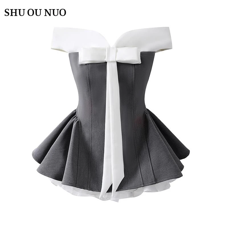 【现货】格雷系蝶结撞色拼接一字肩抹胸洋装蓬蓬裙