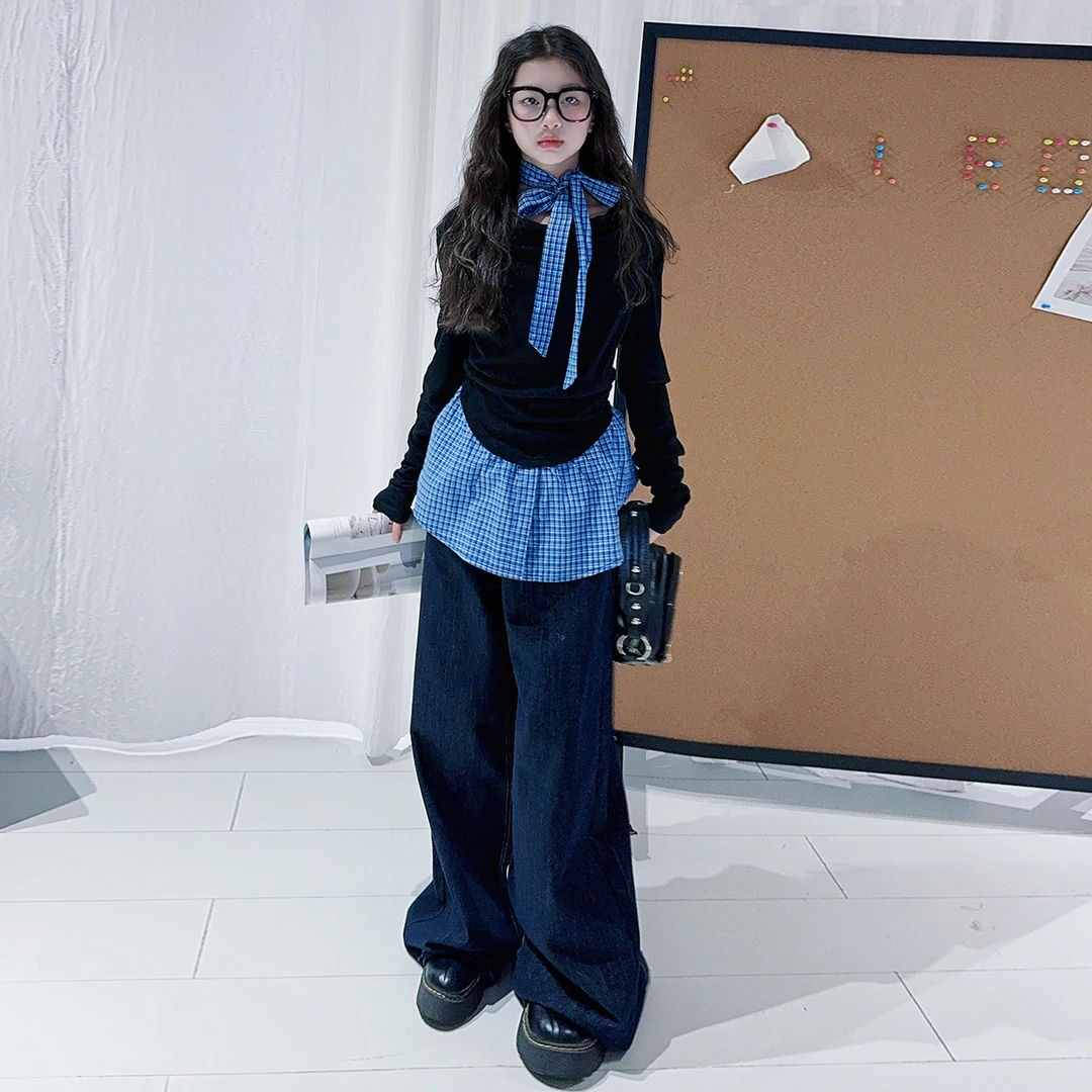 女童春装套装2025新款中大童女孩假两件t恤搭配丝巾牛仔裤两件套