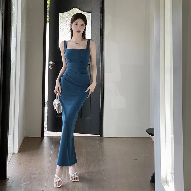 【运费险 现货直发】法式夏季纯色长裙吊带方领连衣裙基础百搭长裙