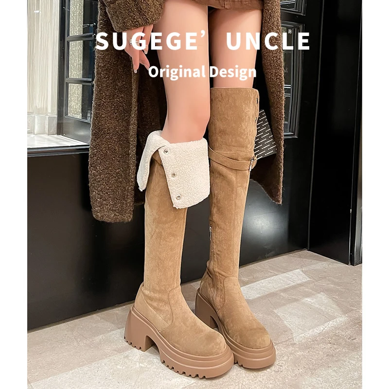 美拉德两穿翻折过膝长靴粗跟厚底胖mm大腿围显瘦长筒靴高筒骑士靴
