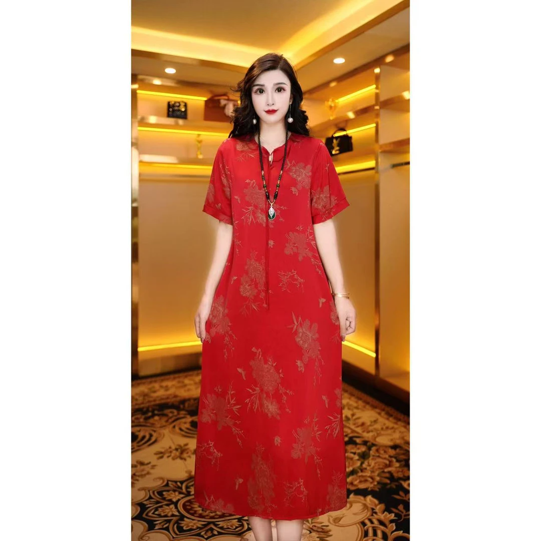 1129-15红色国风传承气质中高端中袖连衣裙