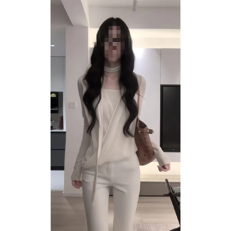 法式气质假两件长袖t恤女设计感小众韩系高级感上衣白色百搭裤子