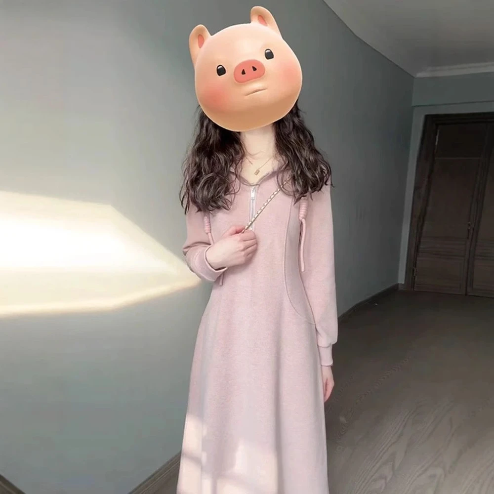 【草莓酱】连帽针织卫衣连衣裙休闲百搭秋季新款中长裙女款春装套装