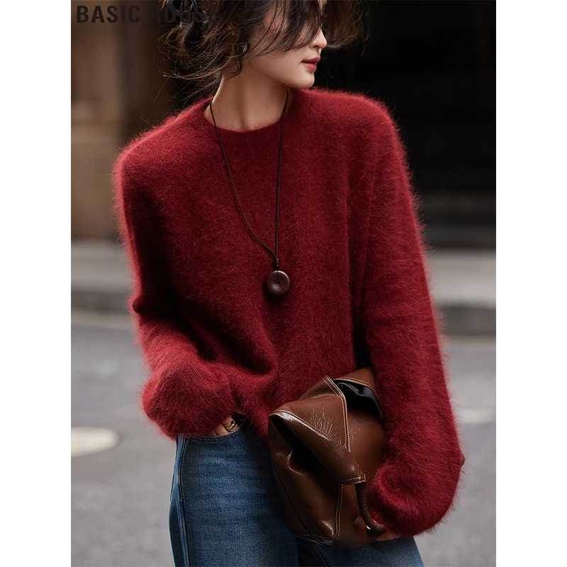 Basic House/百家好红色圆领长袖针织衫慵懒风软糯毛衣女2025秋冬