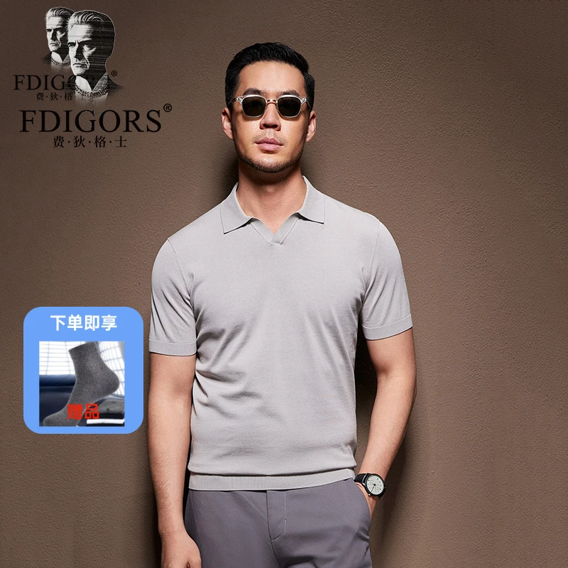 FDIGORS/费狄格士短袖男t恤桑蚕丝长绒棉夏季翻领痞帅慵懒风男装