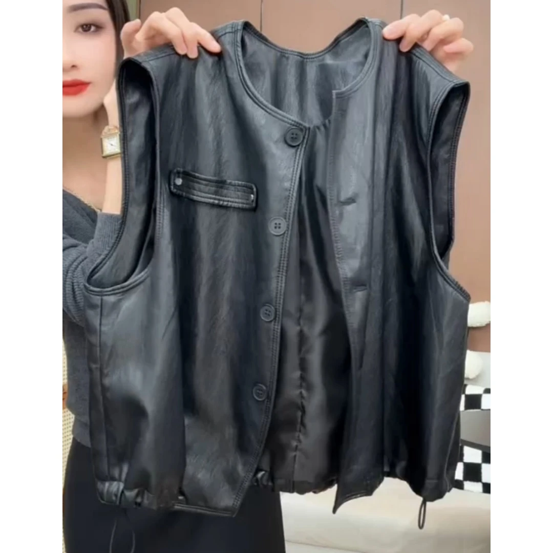 景倩妮韩系黑色时髦无袖皮马甲2025早秋新款遮肉显瘦时尚百搭上衣