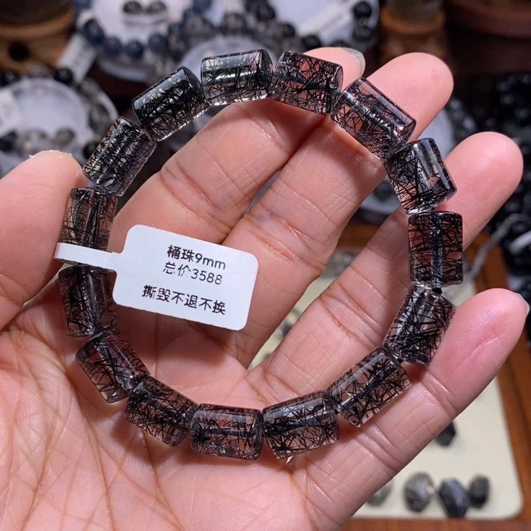 未镶嵌手链水晶黑发晶桶珠路路通9mm全透体满发蕾丝毕业级