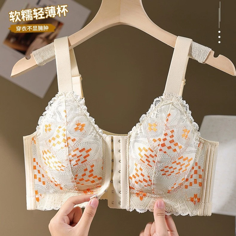大码蕾丝薄款全罩杯内衣女前搭排扣肥胖大胸显小收副乳调整型文胸