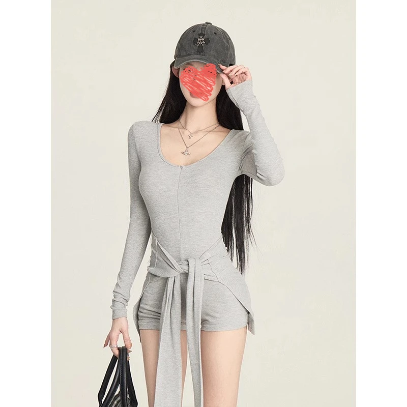 性感辣妹chic时髦腰部绑带两件套新款设计感紧身显瘦拉链连体衣女