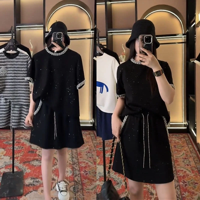 时尚套装女夏季重工钉珠拼接气质满天星亮闪闪t恤+高腰显瘦半身裙