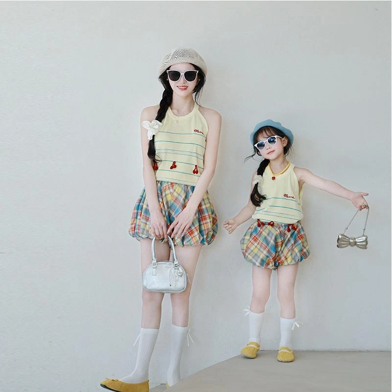 2025夏季母女夏季亲子套装甜美可爱刺绣针织背心+花苞短裤民族