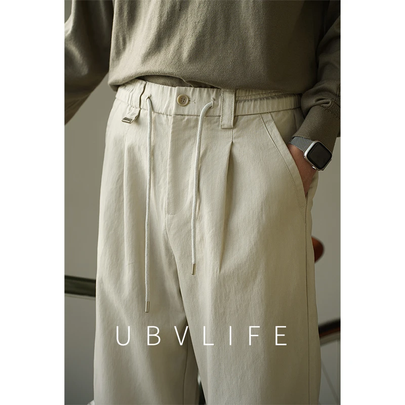 【都市休闲系列】天丝微皱压褶休闲裤男士2025秋季抽绳垂感百搭长裤