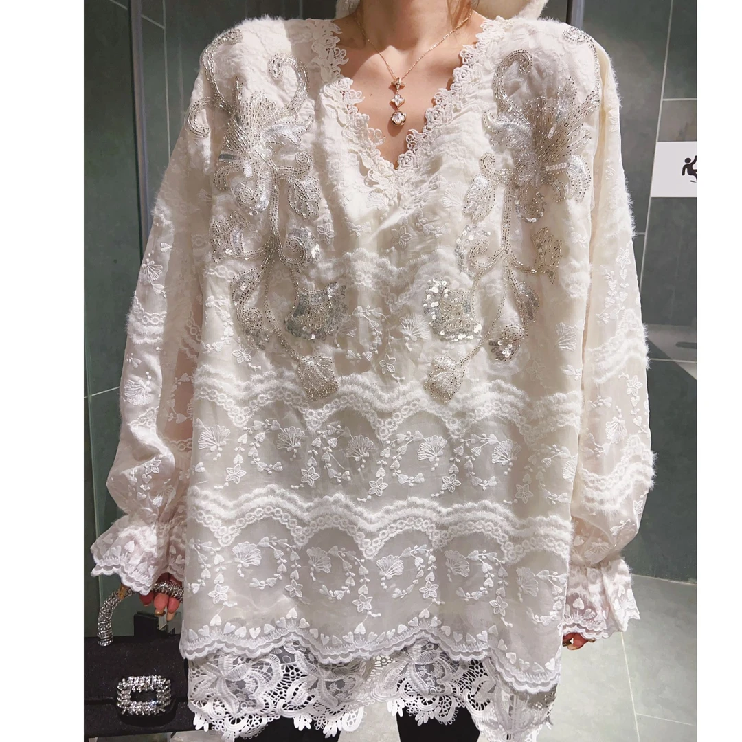 《精致钉珠不撞款》串珠亮片重工刺绣宽松白色打底衫中长款蕾丝衫