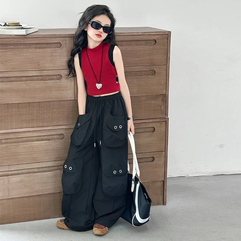 儿童女童套装夏季2025新款洋气心机背心机眼薄款工装裤潮酷两件套