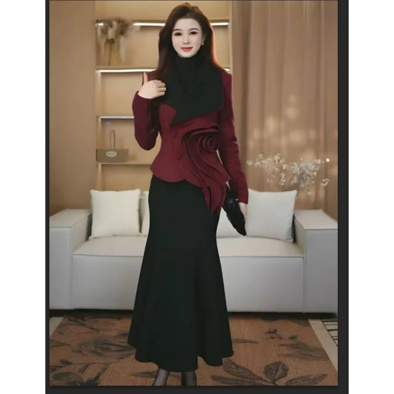 高端定制 （加棉）高定原创红色拼接花朵外套上衣+鱼尾半身裙两件套