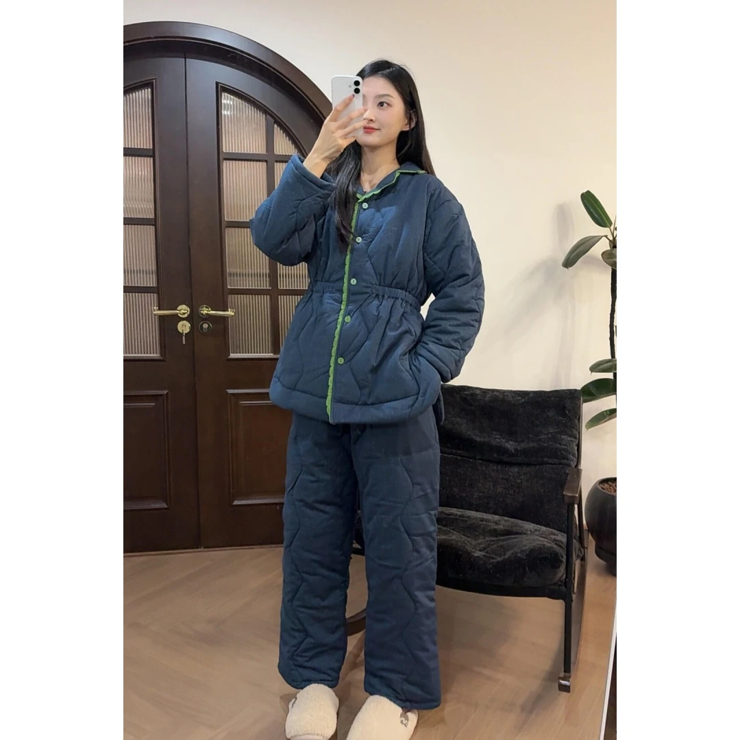 韩系高级感收腰棉服睡衣女冬季新款加厚保暖夹棉家居服套装可外穿
