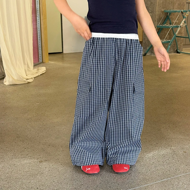 【小梨涡】夏季新品女童裤子儿童复古格子百搭休闲口袋工装裤25D174