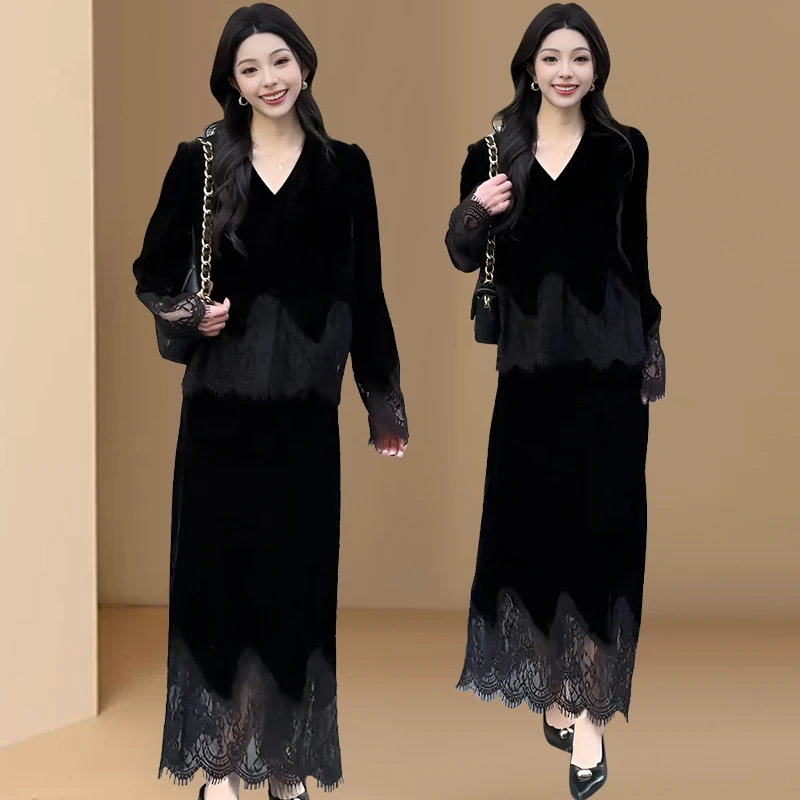 时尚套装2025春秋新款黑色丝绒v领蕾丝拼接上衣气质半身裙两件套