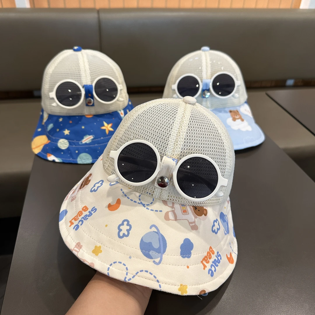 可拆眼镜儿童遮阳渔夫帽夏季网眼宝宝大檐太阳帽男女童防晒鸭舌帽