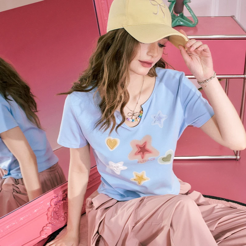 妖精的口袋 满目星河 修身正肩短袖t恤女夏新款bm可脱卸链条设计