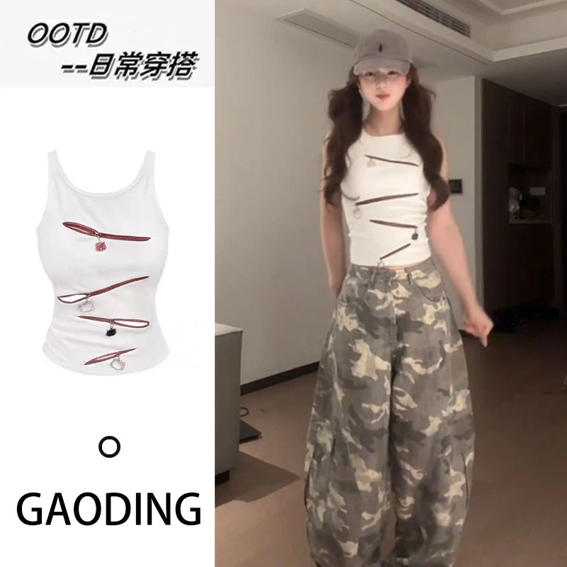 美式辣妹风镂空吊带背心女夏季新款白色修身短款外穿通勤无袖上衣