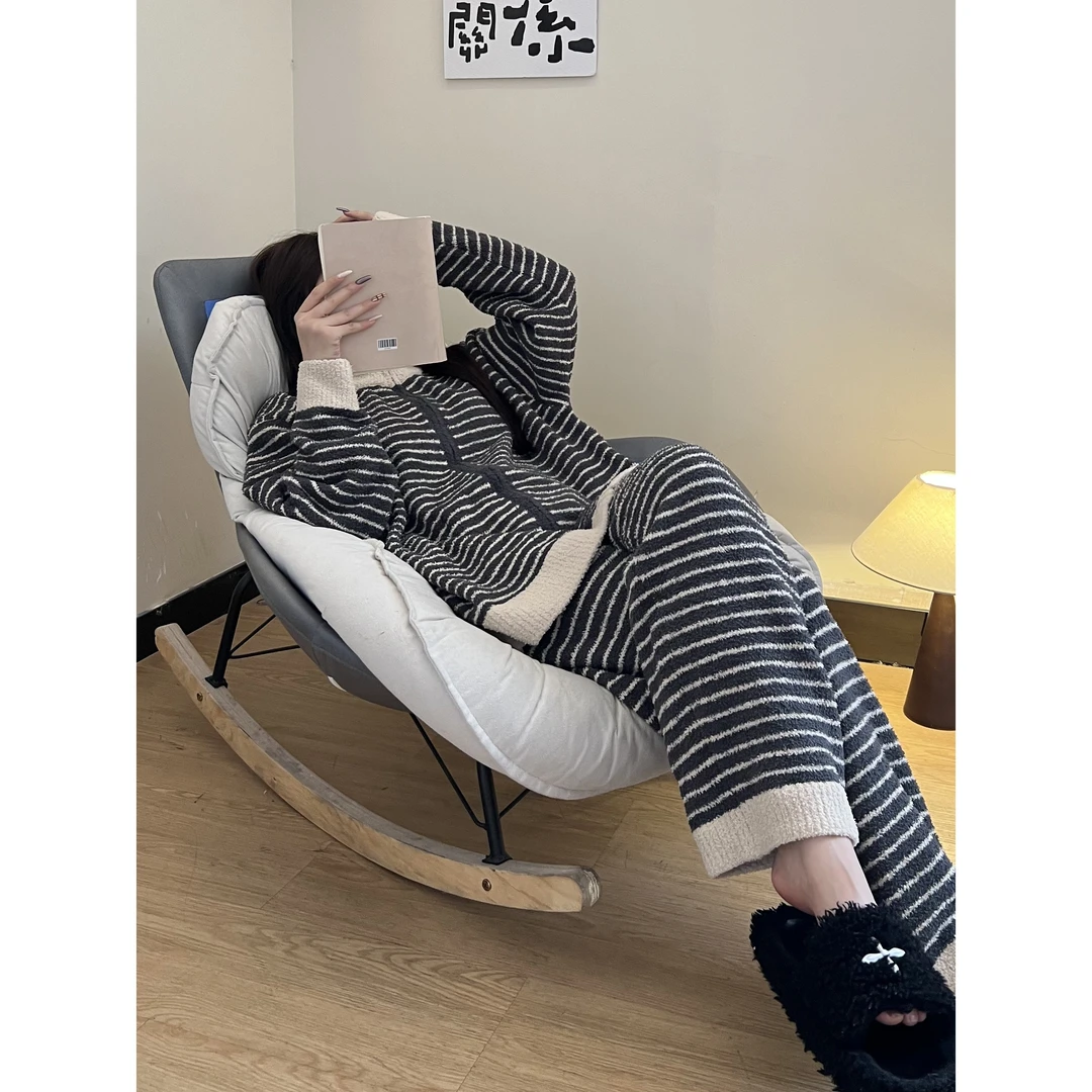 女秋冬季新款简约撞色条纹针织半边绒保暖睡衣加绒加厚家居服套装